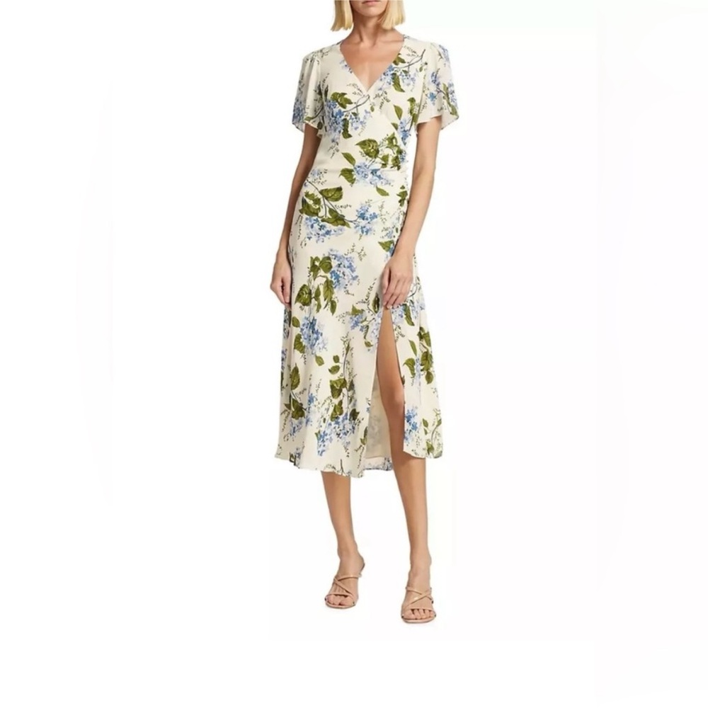 Reformation Riviera white and blueMidi Dress with Flutter Sleeves - NWT, size 2